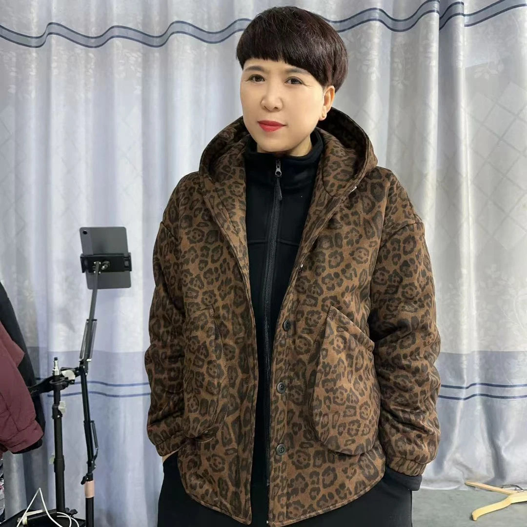 老高推荐新款豹纹连帽宽松休闲棉衣
