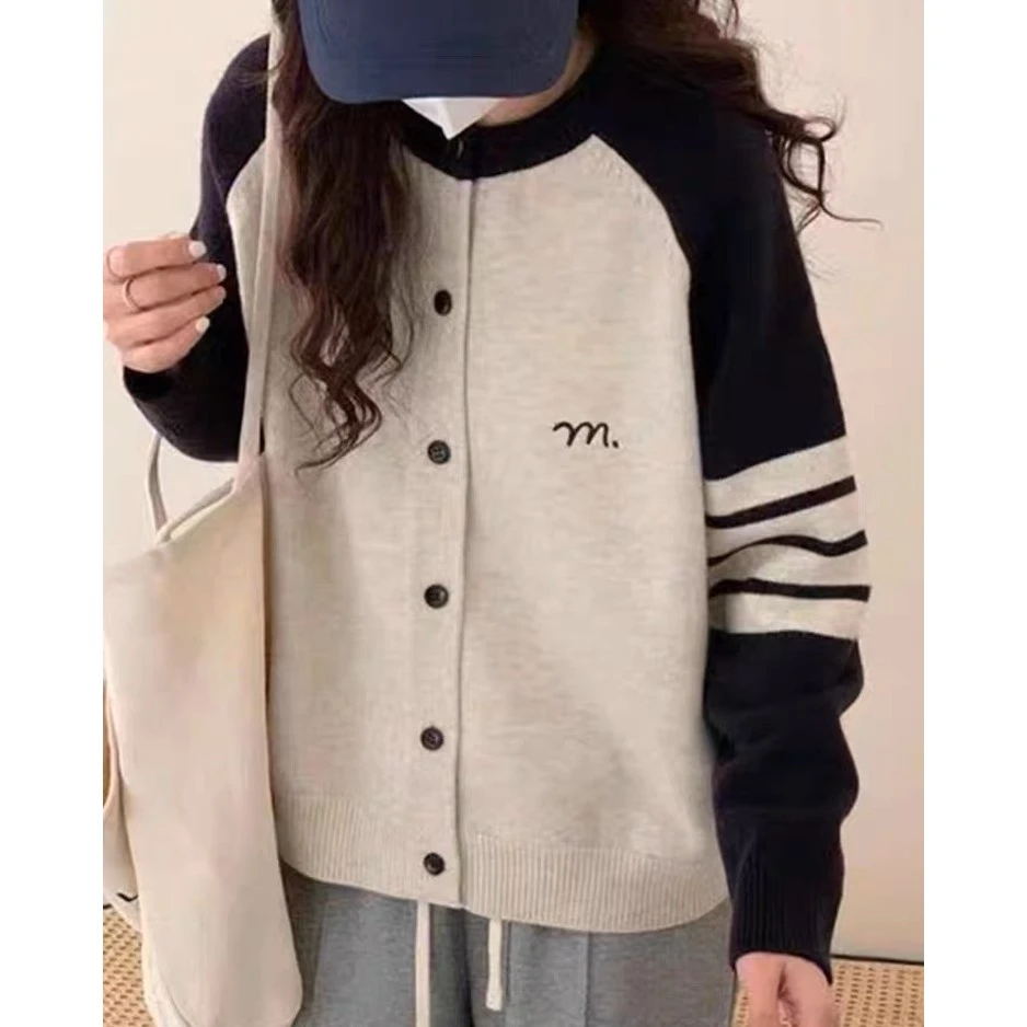 【初奢自制】撞色圆领后背兔子提花针织开衫女2023休闲毛衣厚韩版女