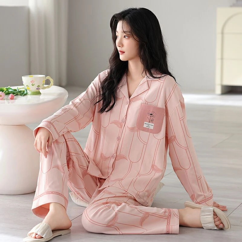 2024甜美可爱睡衣女春秋季爽棉薄款开衫休闲长裤两件套宽松家居服
