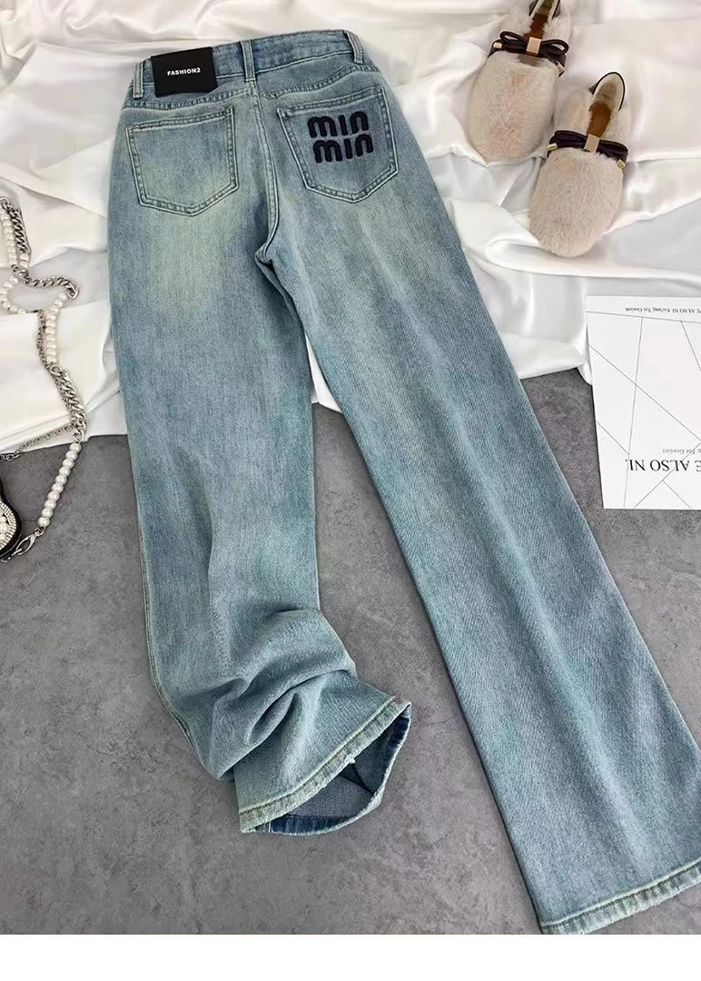 2024年春季新款高腰显瘦宽松浅色直筒裤刺绣字母窄版弹力牛仔裤女