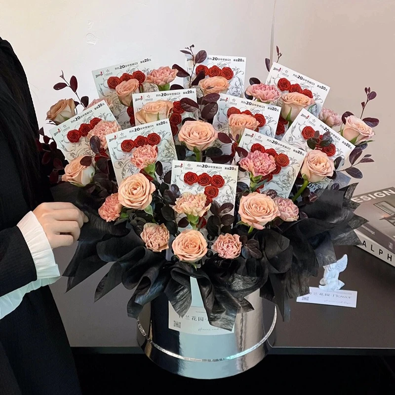 七夕节银色圆形小号抱抱桶镜面花筒花束包装盒束脩之礼花盒礼盒