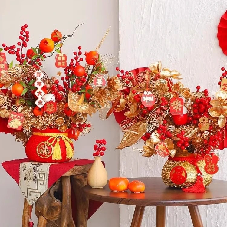 新年装饰品福桶摆件pvc聚宝盆花盆年宵花插花桶乔迁新居布置用品