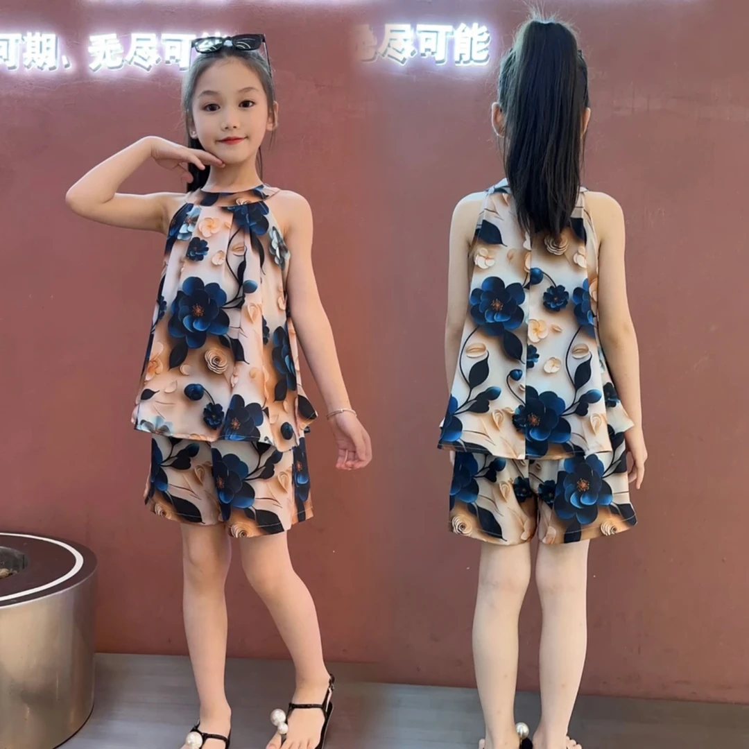 【冰凉夏日】女童套装2024新款碎花洋气儿童挂脖夏装女孩网红两件套