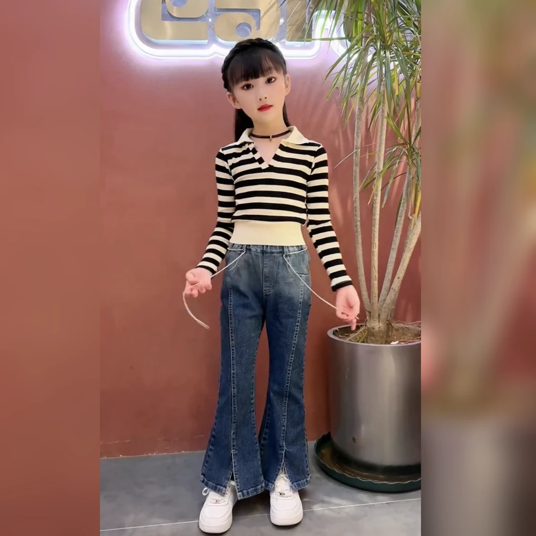女童polo领条纹针织衫早秋休闲+弹力修身牛仔长中大童时髦套装潮