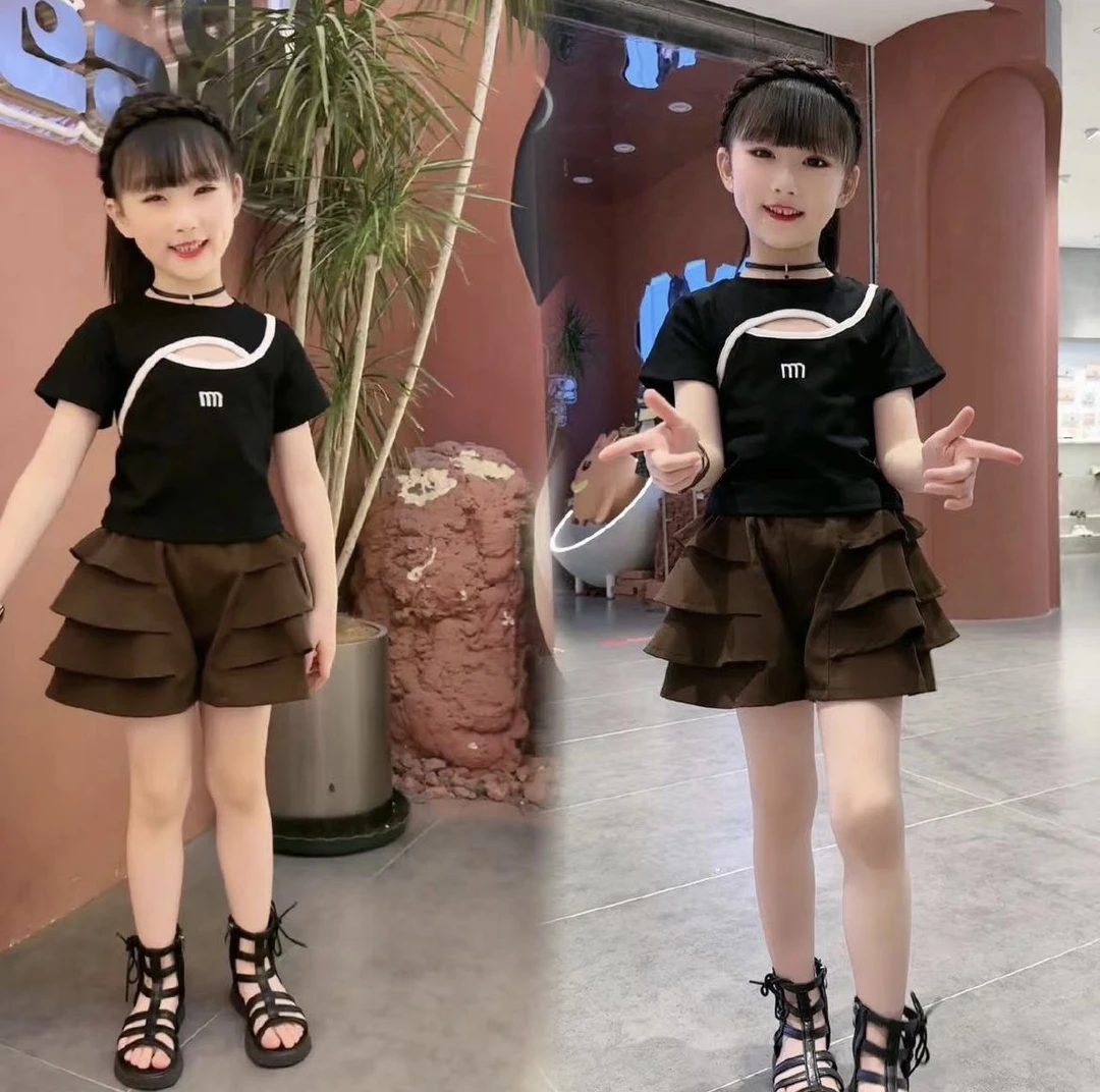 女童百搭t恤夏季短袖2025新款儿童套装短款上衣两件套中大童夏装