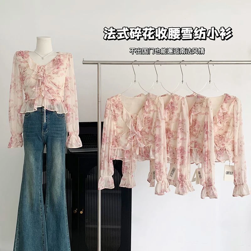 法式碎花荷叶边绑带小衫女2023夏季新款收腰甜美减龄薄款雪纺上衣