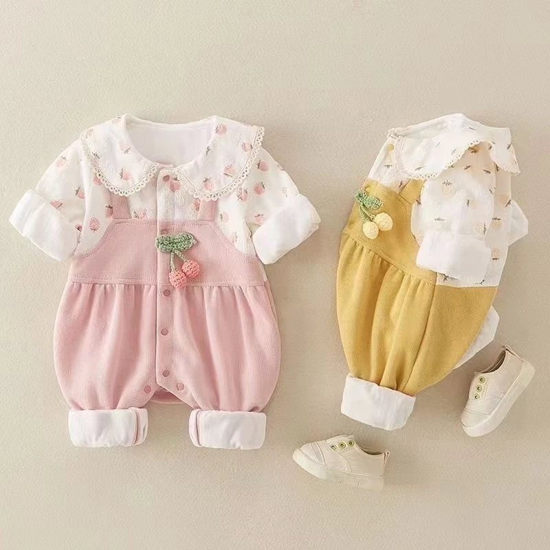 婴儿春装衣服秋冬女宝宝连体衣公主超萌满月百天外出双层哈衣爬服