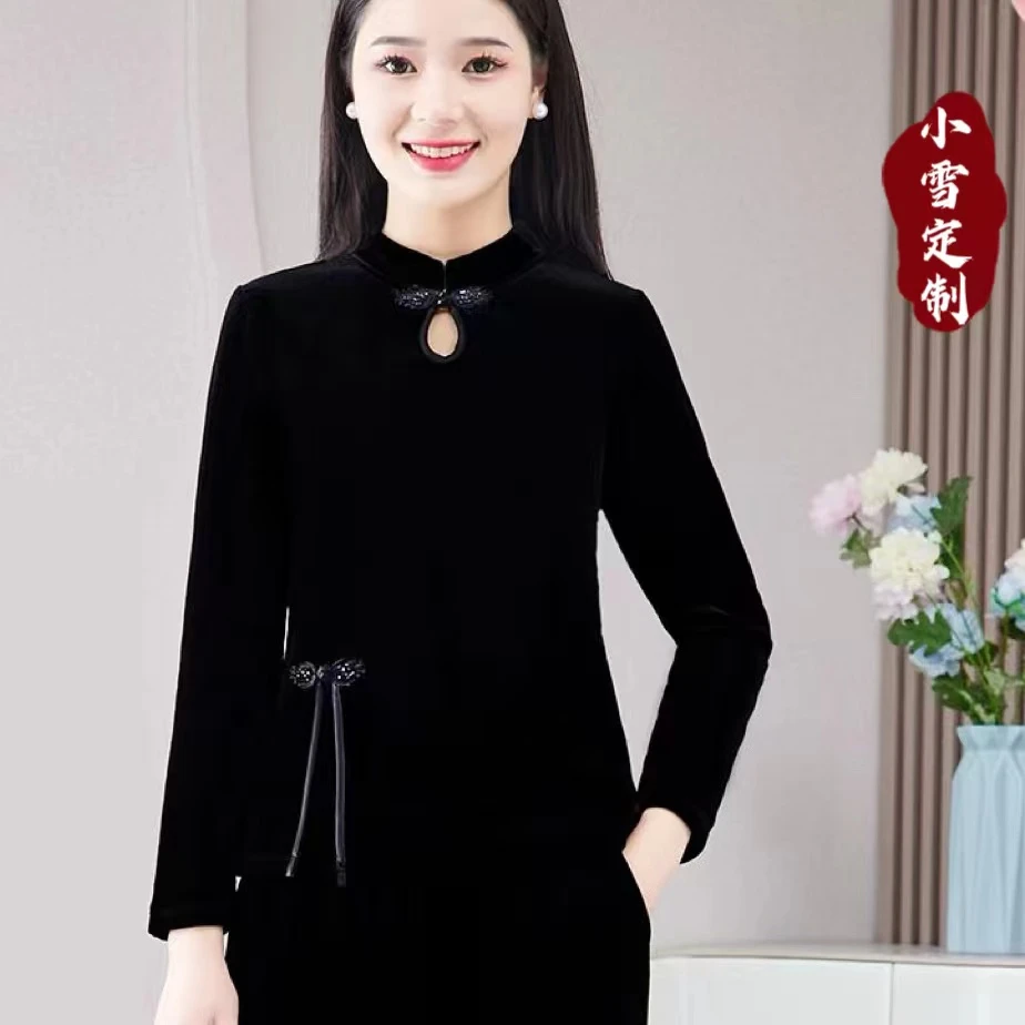 246秋季新品正版高货显瘦丝绒时尚洋气妈妈装提花水滴领小衫