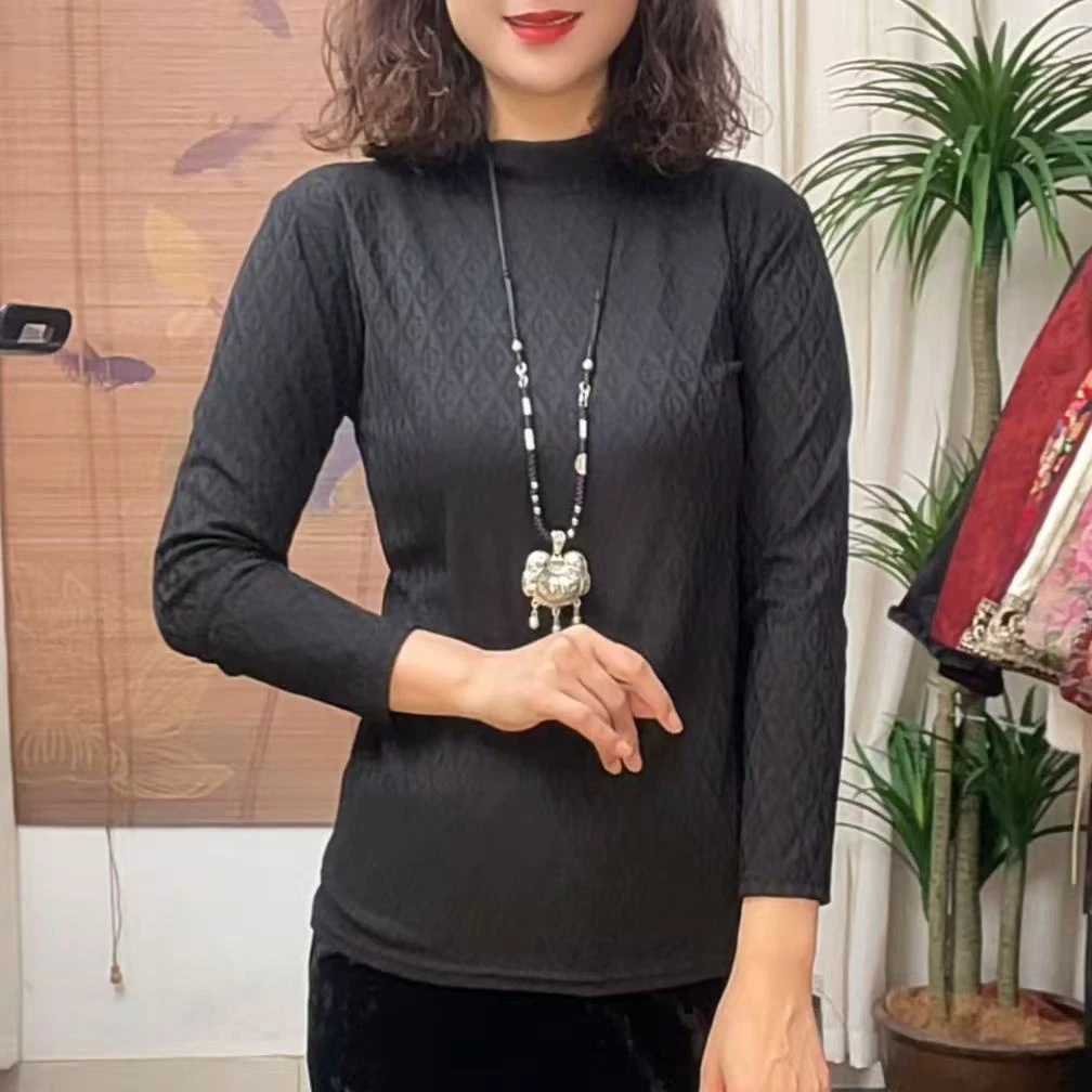 358冬季新品显瘦复古新中式百搭气质字母提花打底衫