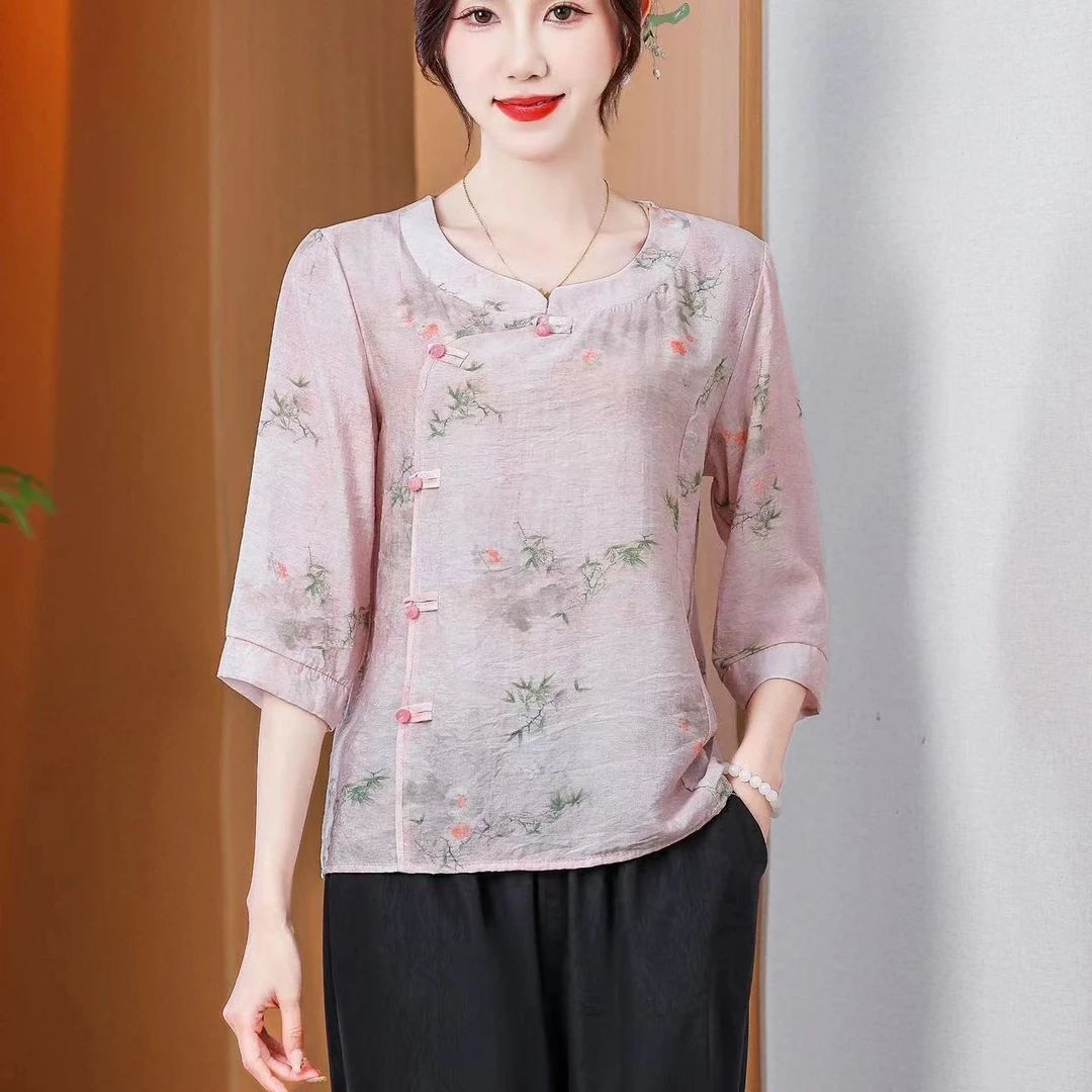 春季新品056琉璃扣遮肉显瘦拼接新中式百搭气质网红国风小衫
