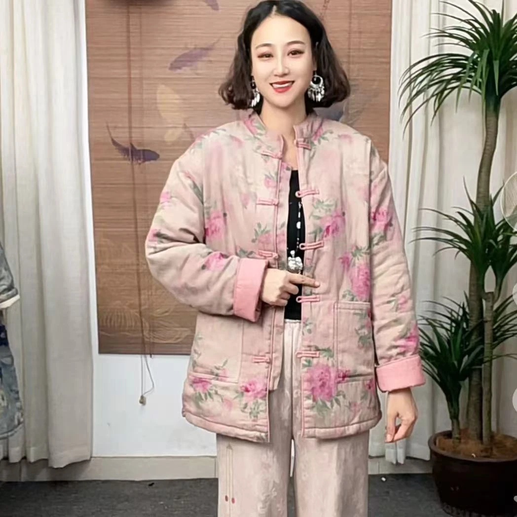 385-12高货五粒扣拼色冬季新款复古怀旧名族风国风文艺风棉麻棉服