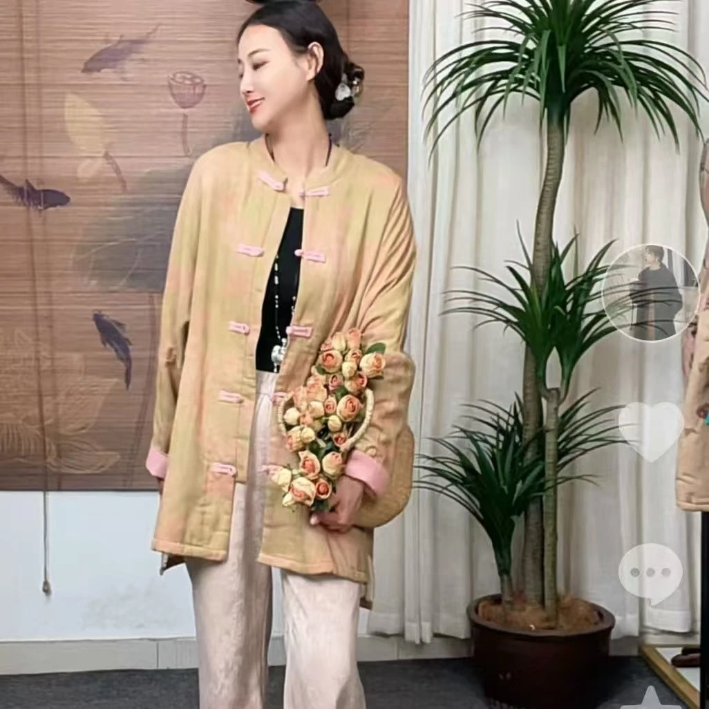 382-6高货斜纹加绒新款复古百搭名族风国风文艺风中长款棉麻外套