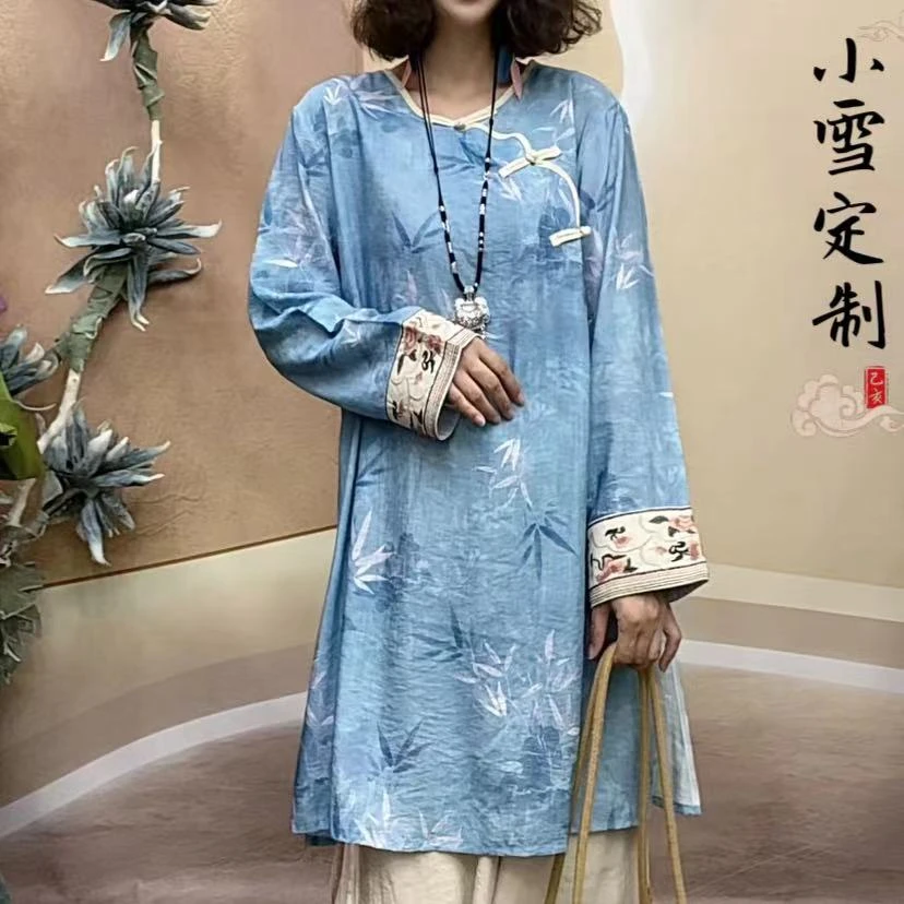 蓝竹106-0袖刺绣中长版显瘦复古新中式百搭气质网红文艺风小衫