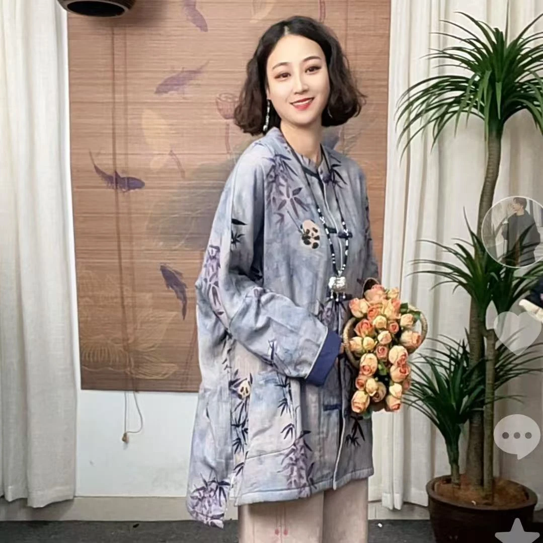 382-8高货斜纹加绒新款复古百搭名族风国风文艺风中长款棉麻外套