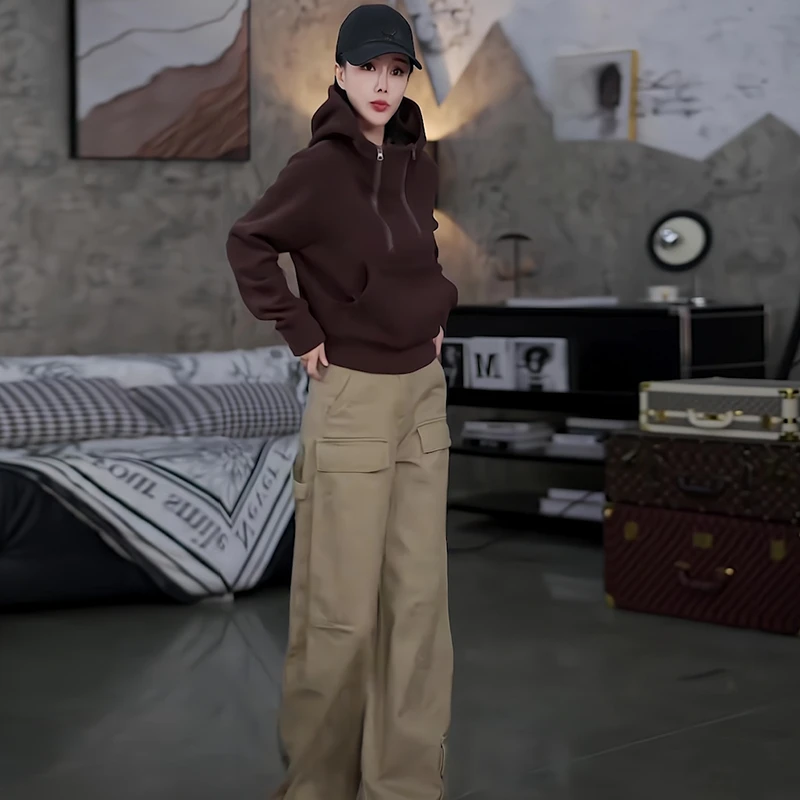 酷飒拽姐休闲运动套装女2025年冬季时尚洋气卫衣工装阔腿裤两件套