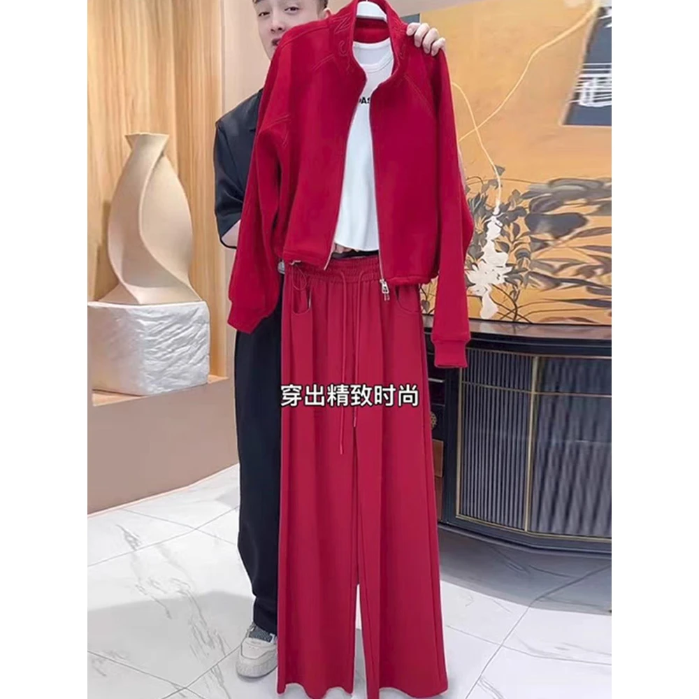 设计感红色休闲拉链外套上衣网红女春秋显瘦直筒裤卫衣时尚两件套
