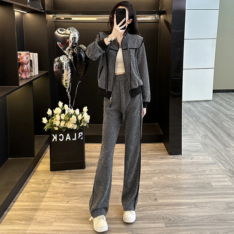 欧洲站休闲运动套装女秋冬2025新款时尚灰色外套上衣阔腿裤两件套