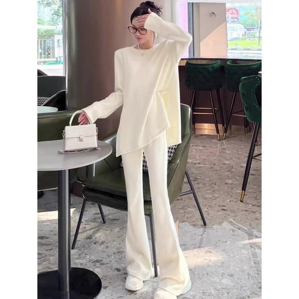 圆领纯色套头简约卫衣时尚套装女早春2025新款微喇叭裤显瘦两件套