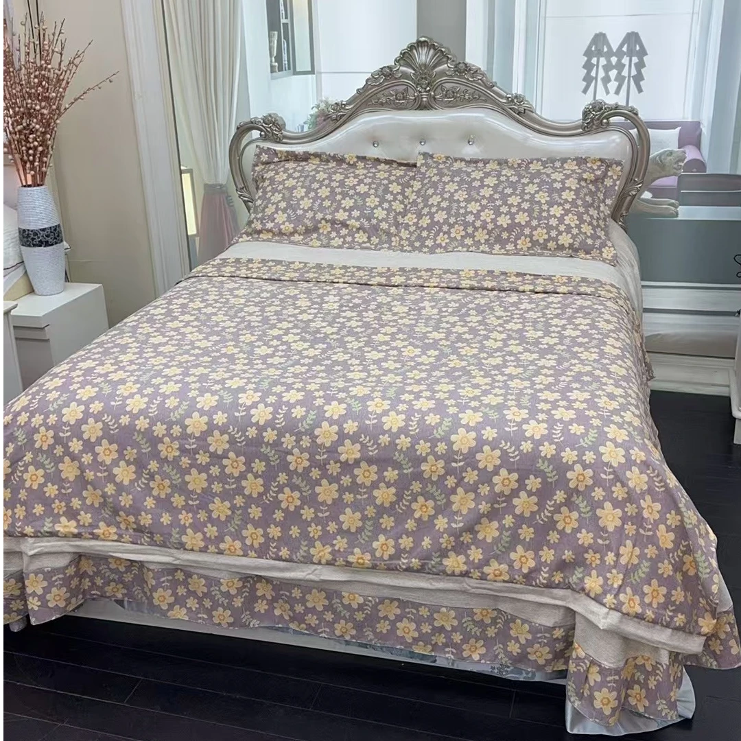 【董事长专属】双层纱艾阳绒超柔亲肤四件套-金银花-米白