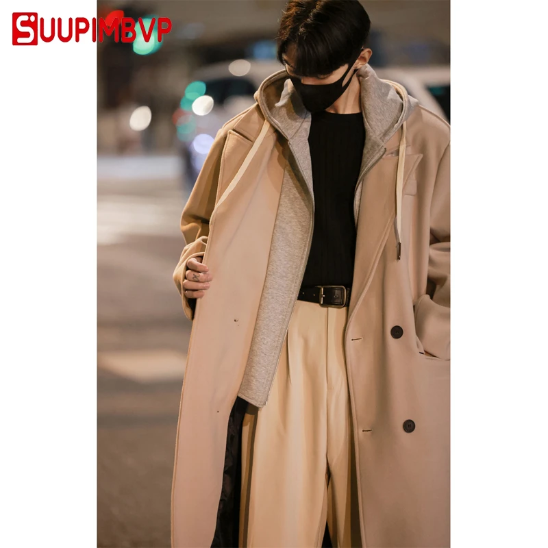 suupimbvp假两件连帽毛呢大衣男中长款冬季加厚宽松过膝呢子外套