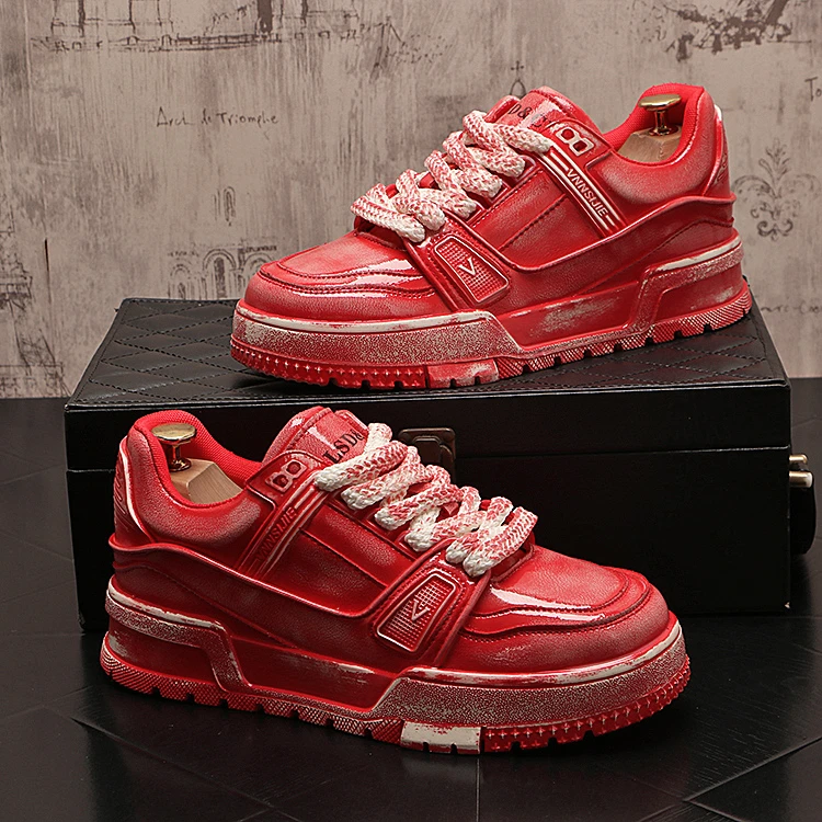 低帮时尚男士韩版板鞋网红休闲百搭透气红色潮鞋厚底个性网红休闲