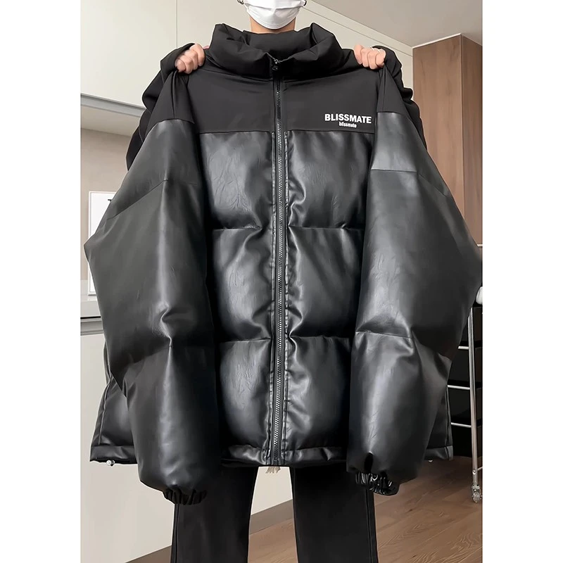 美式抗寒零下40度pu皮羽绒服男款春秋季hiphop棉服外套拼接面包服