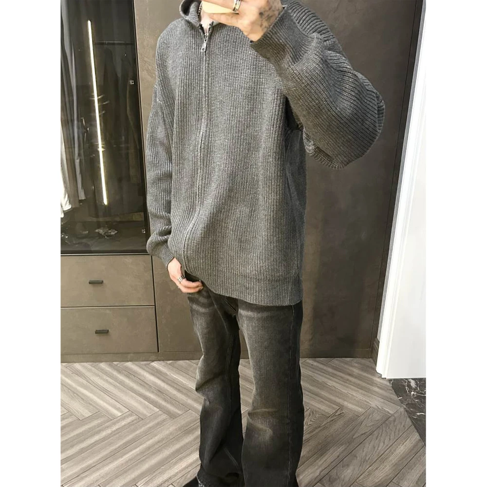 深灰色连帽开衫毛衣男春秋款痞帅高级感美式高街慵懒风针织衫外套