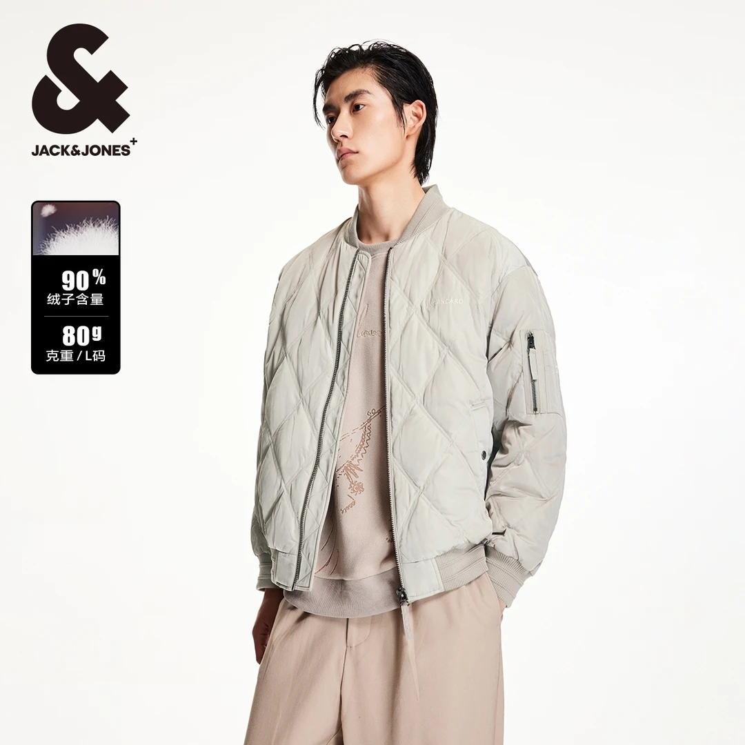 杰克琼斯冬季款新款宽松衣身菱纹格背部刺绣棒球领排骨羽绒服男款