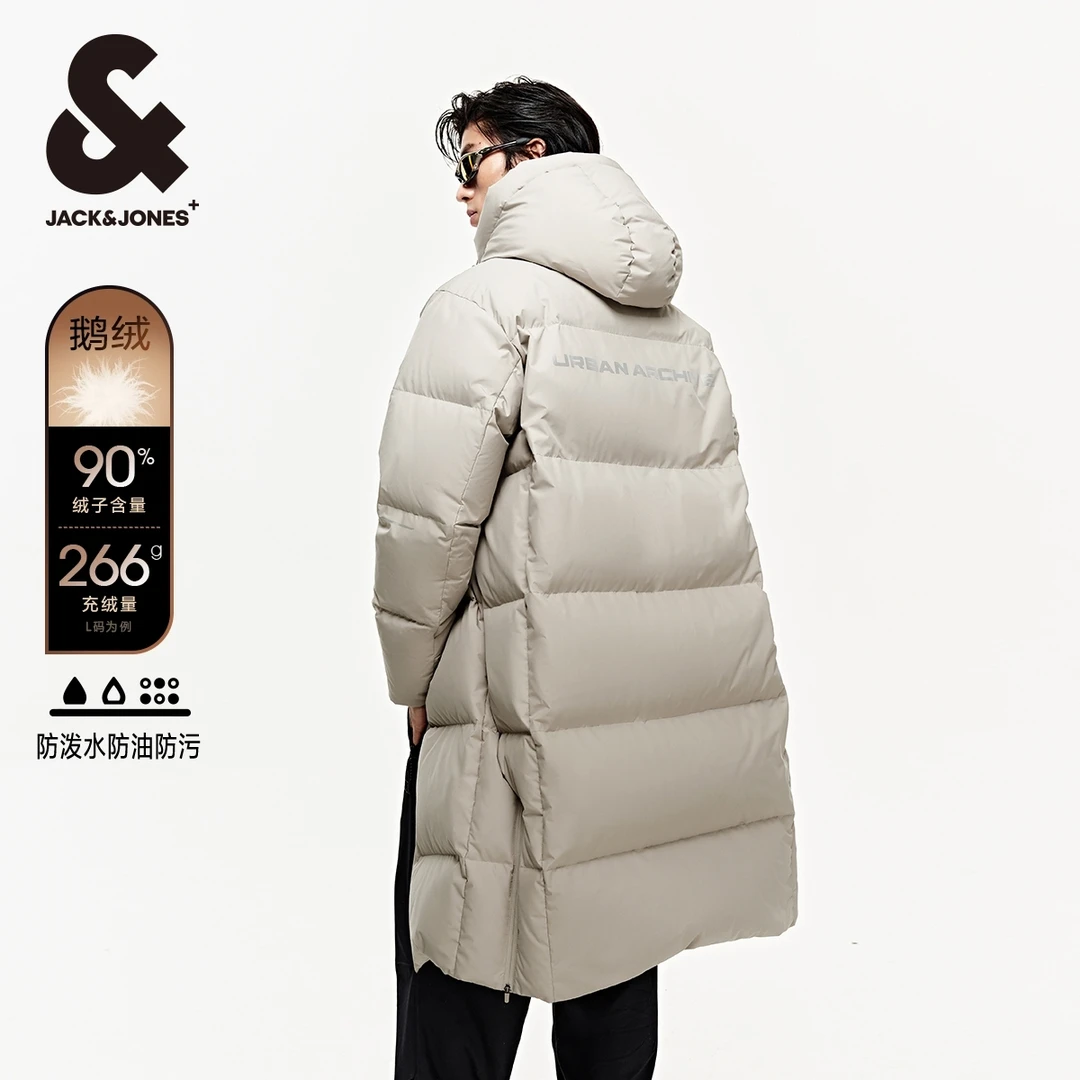 杰克琼斯冬季新款潮流背部字母反光胶印略宽松长款连帽羽绒服男款