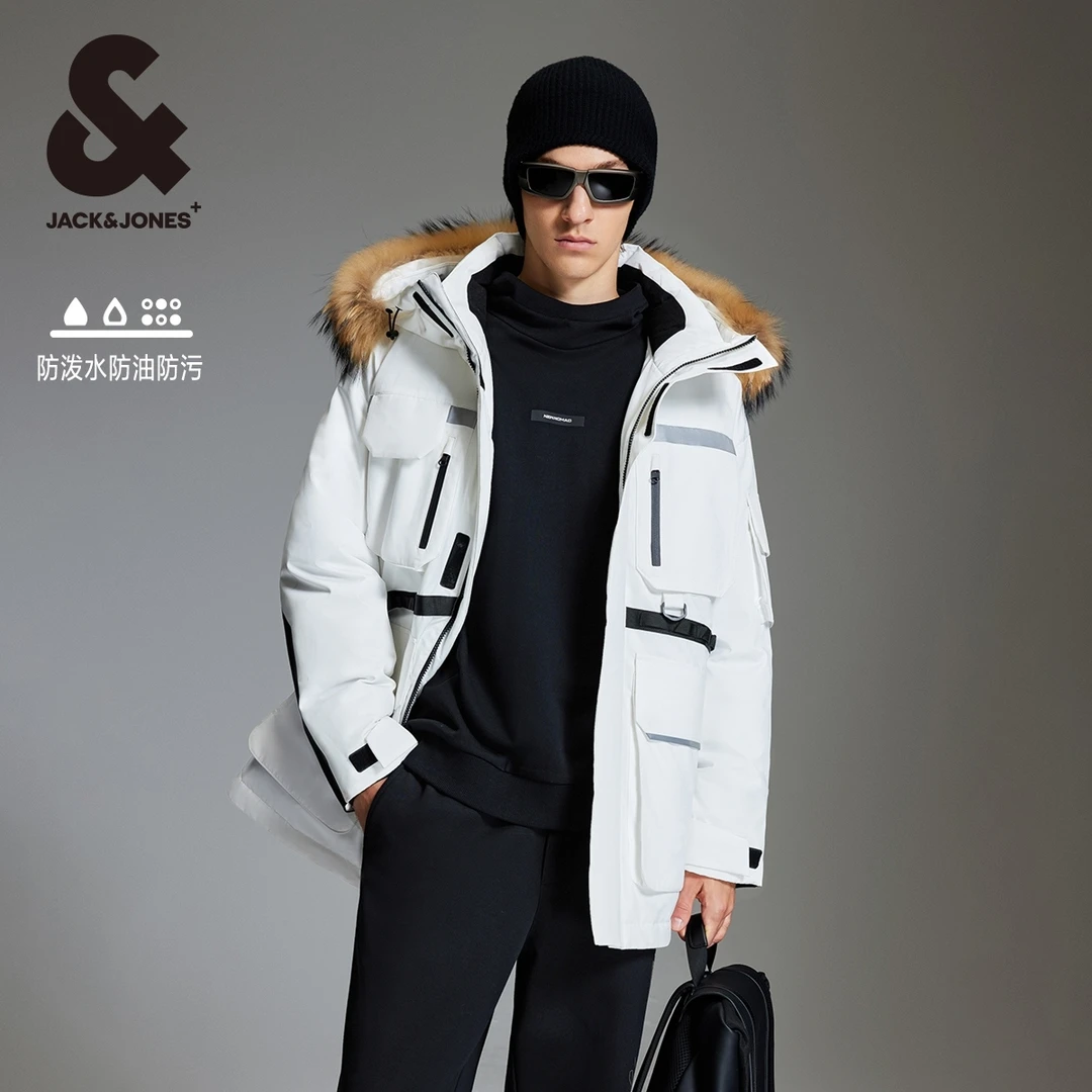 杰克琼斯冬季新款时尚户外工装中长款撞色宽松连帽排骨羽绒服秋冬