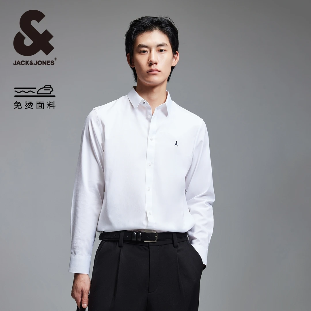 杰克琼斯春季新款常规翻领胸前图案刺绣舒适基础百搭长袖衬衫男款