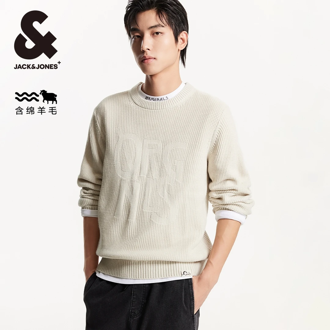 杰克琼斯冬季新款基础百搭胸前字母提花针织图案常规圆领毛衣男款