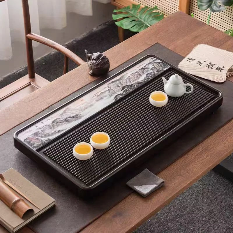 旭日东升新款茶盘双色手工轻奢黑色家用简约中式长条