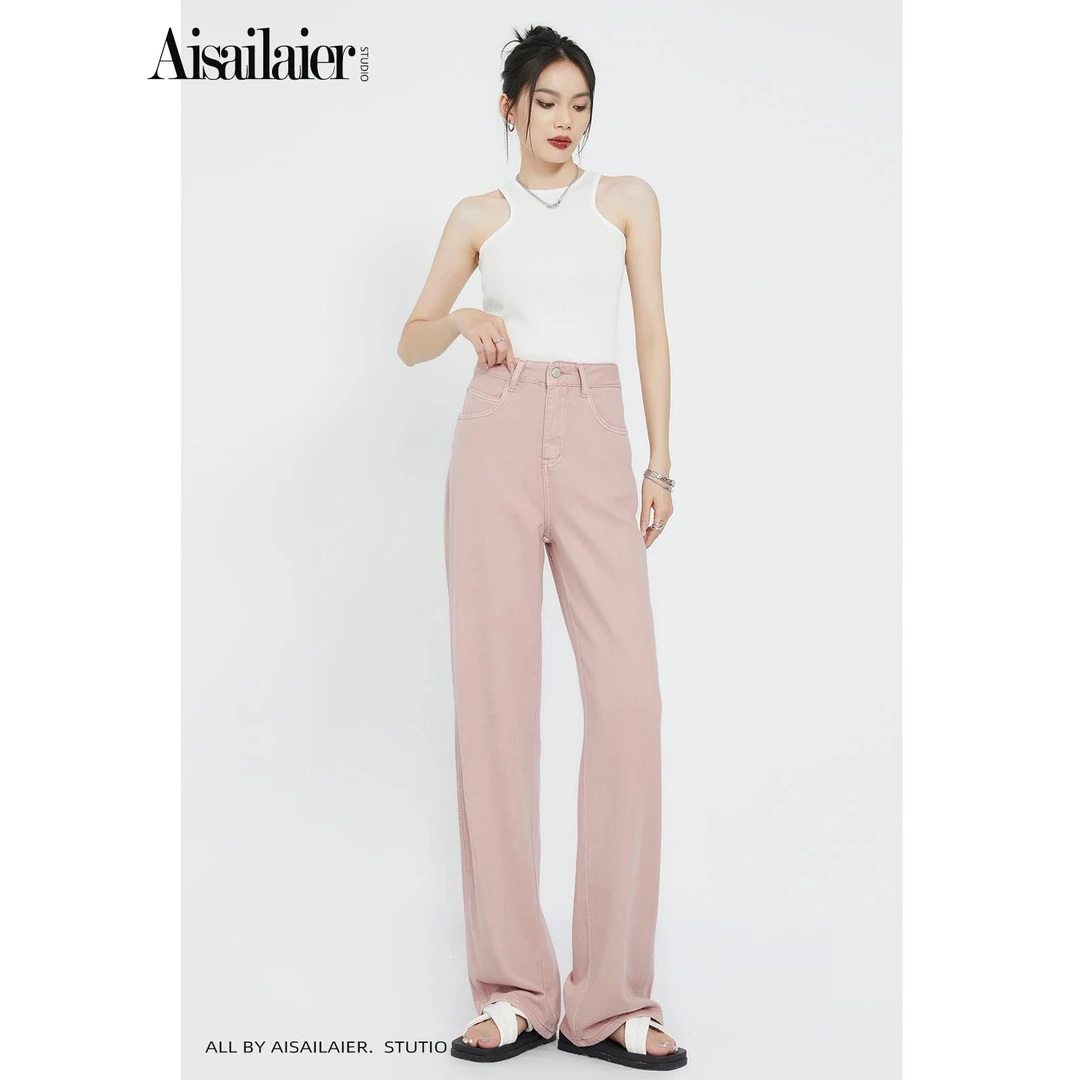 【木兰】高腰窄版脏粉色阔腿牛仔裤2025年夏季垂感直筒拖地裤子潮