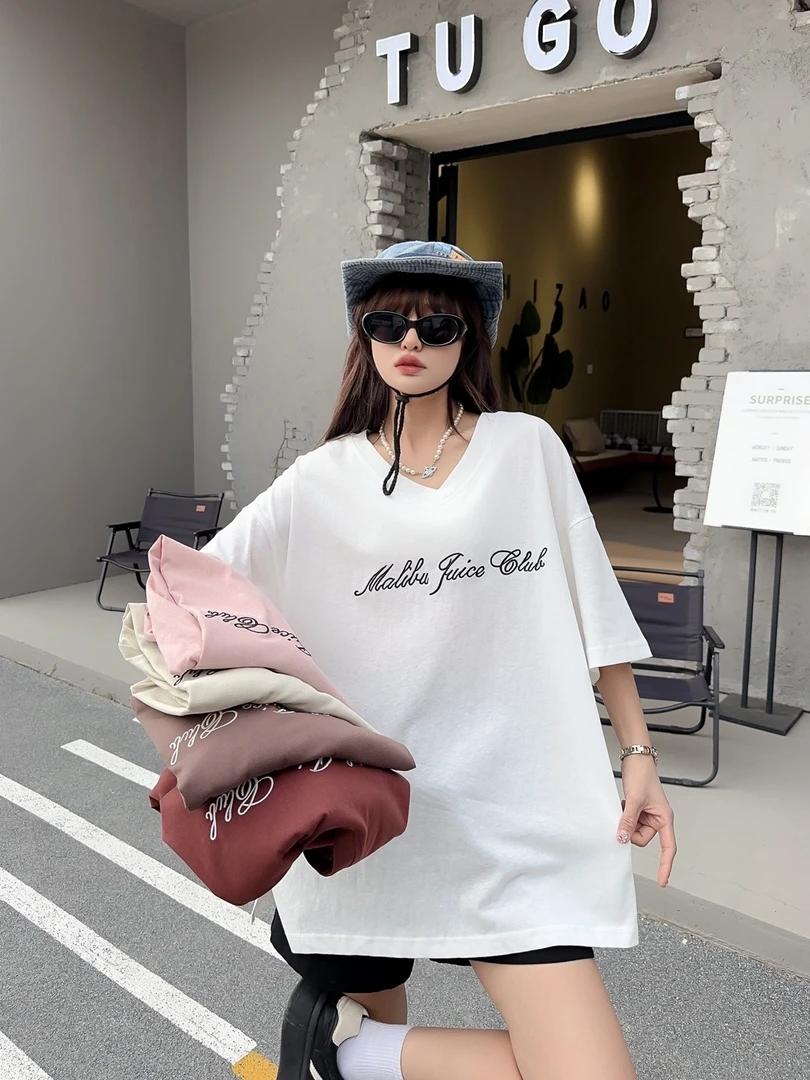 【雪花棉】设计款夏季超薄三伏天V领短袖欧版短粗款大码宽松冰凉