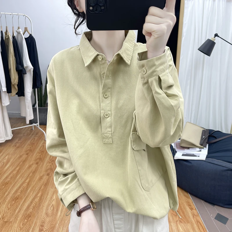 设计感纯棉长袖衬衫女春秋季新款高品质港味套头上衣复古宽松衬衣