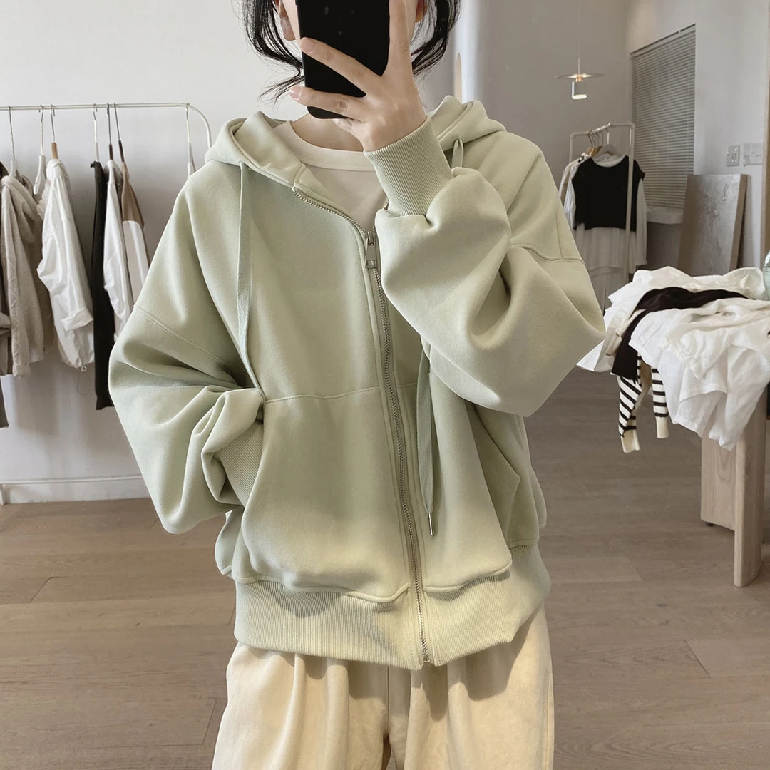 戴帽卫衣外套女春秋新款宽松显瘦基础款简约拉链减龄韩版棉质上衣