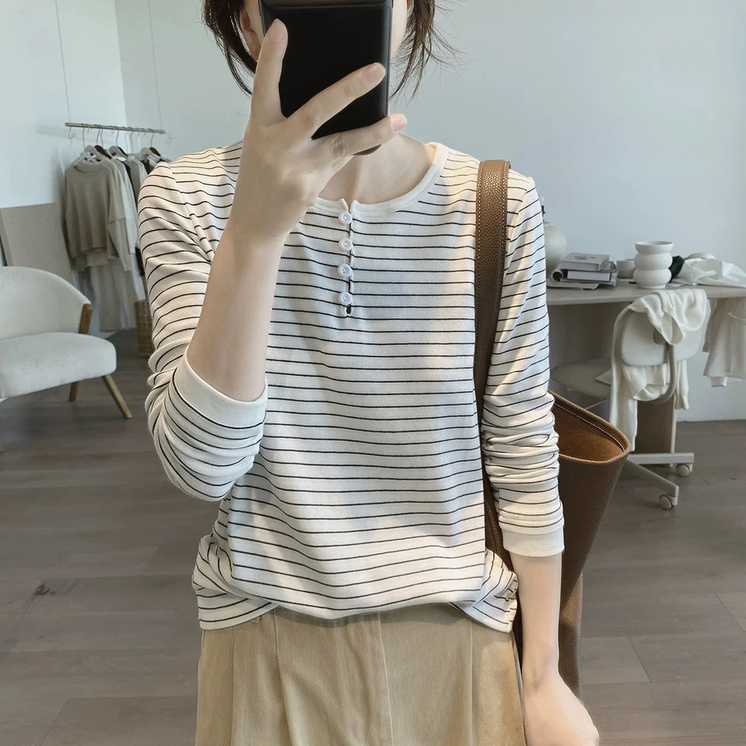 纯棉条纹t恤女春秋新款简约显瘦韩版圆领时尚基础款打底减龄上衣