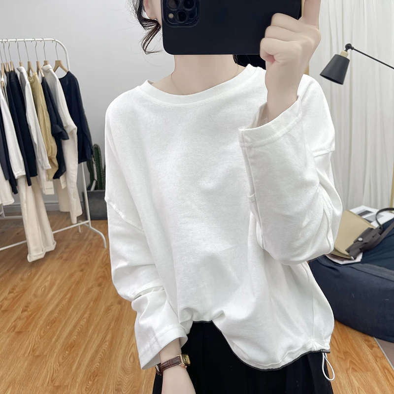 纯棉新款时尚压杠系带长袖T恤女休闲减龄上衣设计感打底衫宽松
