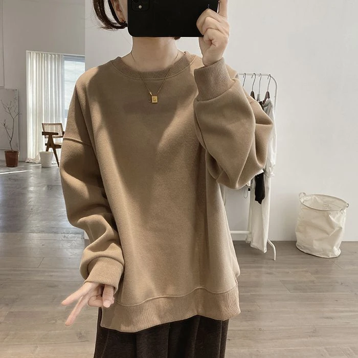 摇粒绒圆领棉质加绒卫衣外套女冬季新款宽松开叉显瘦套头简约上衣