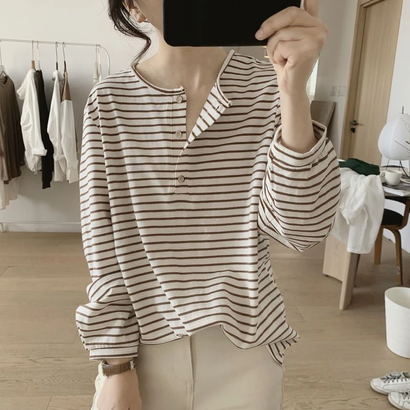 纯棉条纹T恤女春秋季新款宽松显瘦韩版长袖简约套头小清新上衣女
