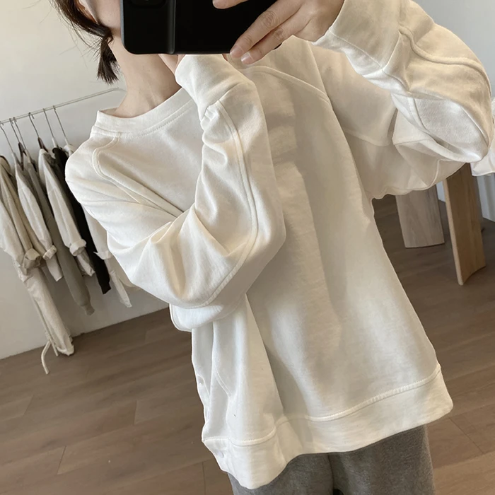 纯棉插肩袖卫衣女式秋新款宽松设计感显瘦开叉韩版圆领高品质上衣
