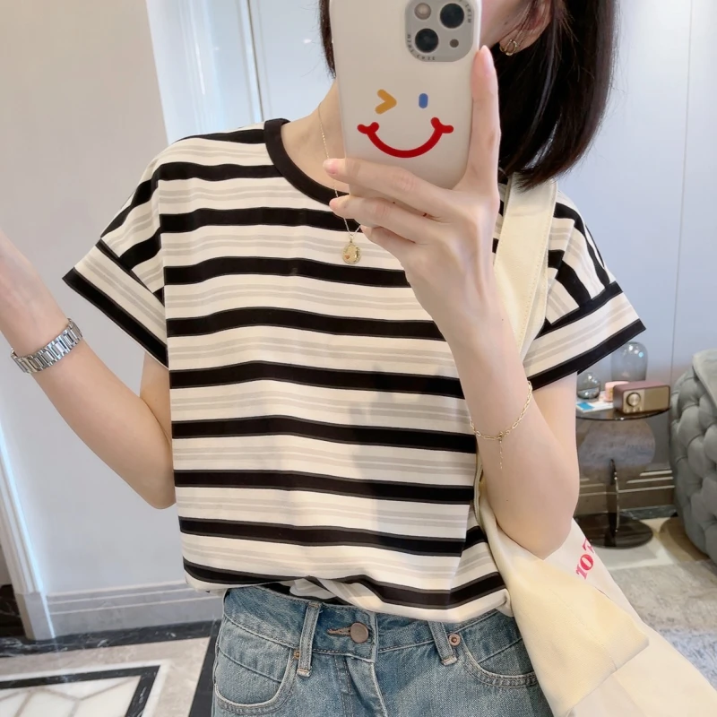 纯棉高品质长绒棉高织条纹T恤女宽松时尚设计感短袖气质女装