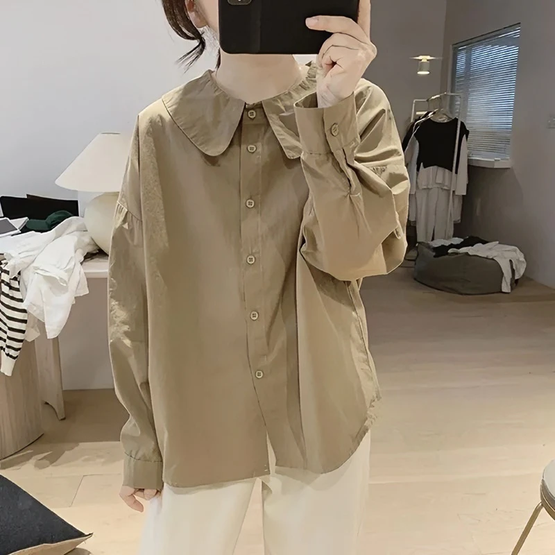 纯棉娃娃领衬衫女秋季新款宽松减龄显瘦简约长袖韩版纯棉上衣