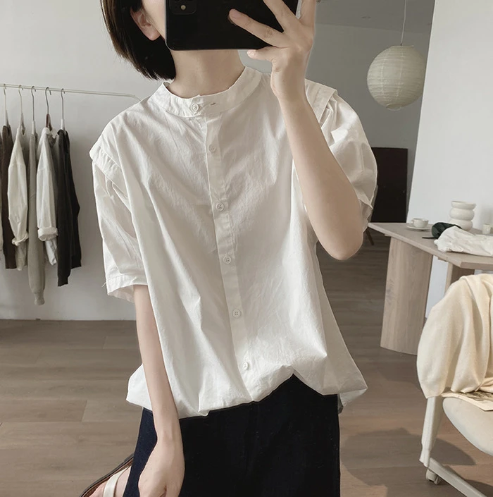 夏季新款气质棉质衬衫宽松显瘦立体韩版简约小众设计感短袖上衣女