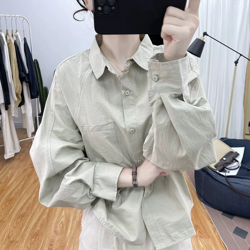 优质面料纯棉蝙蝠袖长袖衬衫女春季新款减龄休闲上衣polo领衬衣女