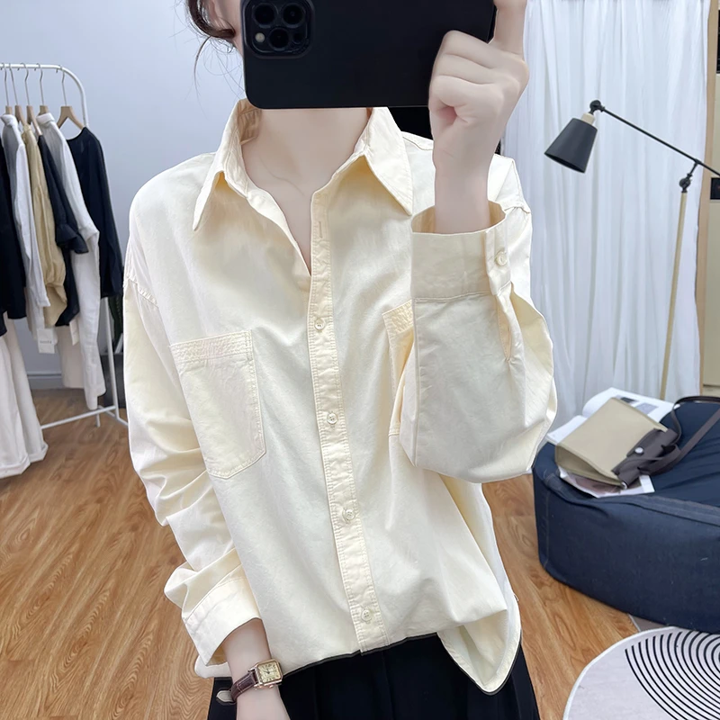 春秋纯棉斜纹长袖衬衫女设计感宽松上衣新款polo领纯棉衬衣高品质