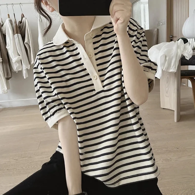 纯棉娃娃领t恤女夏季新款宽松显瘦泡泡袖减龄短袖套头条纹上衣