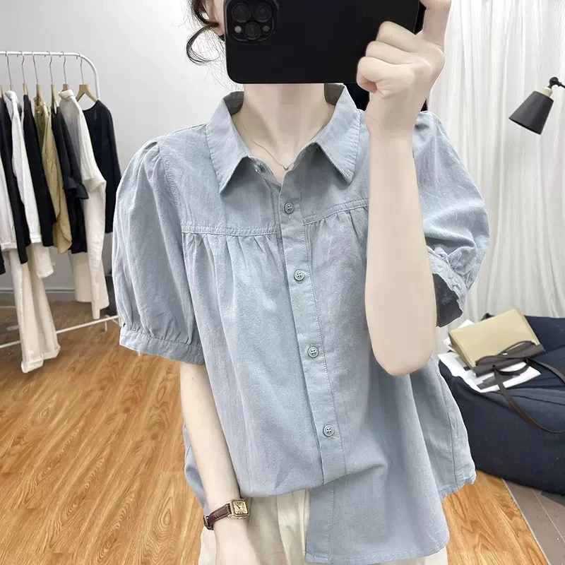 夏装2025新款棉麻短袖衬衣苎麻灯笼袖衬衫女式polo领通勤百搭上衣