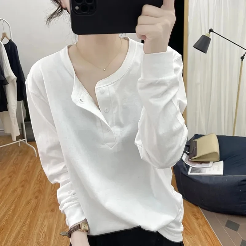 纯棉圆领长袖T恤基础款高品质秋季新款宽松显瘦韩版简约上衣